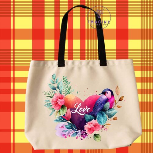 Tote bag taille l - sublimation - impression infusible ink - valentines day - love heart - cœur - oiseau - fleurs - amour