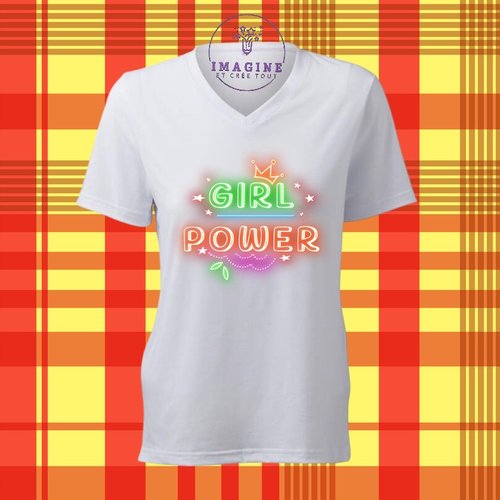 T-shirt personnalisé pour femme - col v - sublimation - impression infusible ink - neon light - girl power - fille - couronne