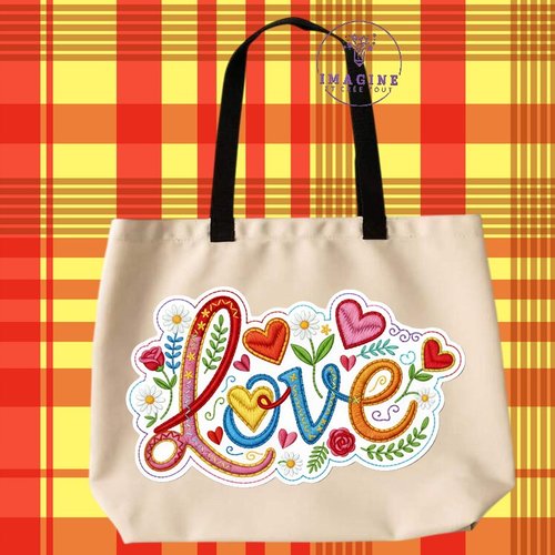 Tote bag taille l - sublimation - impression infusible ink - pind and red hearts - love - fleurs - flowers - cœurs - amour