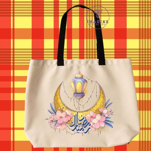 Tote bag taille l - sublimation - impression infusible ink -  ramadan watercolor - illustration with mubarak - lune