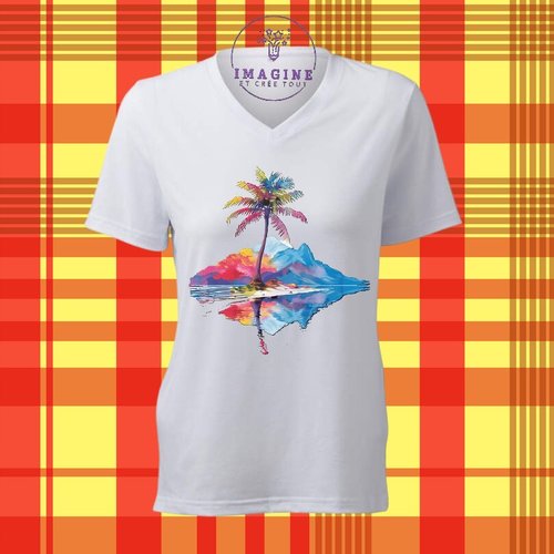 T-shirt personnalisé pour femme - col v - sublimation - impression infusible ink - colorful palm - mountains - palmier