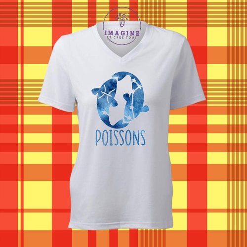 T-shirt personnalisé pour femme - col v - sublimation - impression infusible ink - astrologie - signe des poissons