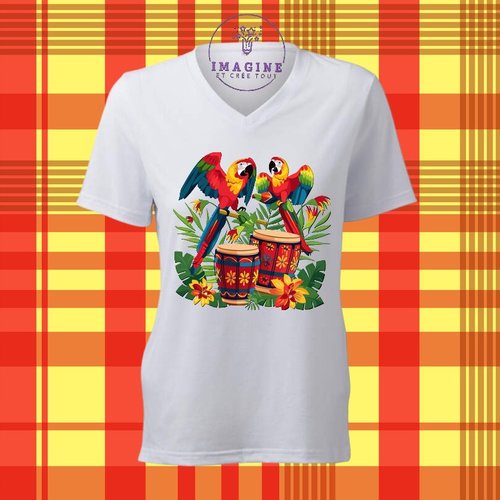 T-shirt personnalisé pour femme - col v - sublimation - impression infusible ink - rio - carnaval - party - perroquets