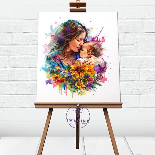 Tableau mural - sublimation -  impression infusible ink - toile - canvas - illustration -  cute - mother - maman et bébé