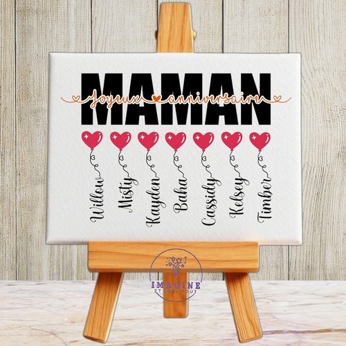 Tableau mural - sublimation -  impression infusible ink - toile - canvas - anniversaire  - maman  - prénoms enfants - ballons - cœurs