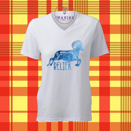 -t-shirt personnalisé pour femme - col v - sublimation - impression infusible ink - signe du bélier - astrologie - galaxie - horoscope