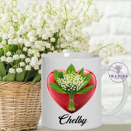 Mug - tasse - sublimation - impression infusible ink - 3d red love hearts - lily of the valley bouquet - muguets - 1er mai