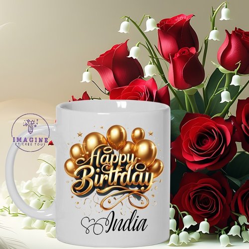 Mug - tasse - sublimation - impression infusible ink - happy birthday - golden balloon - heart - joyeux anniversaire