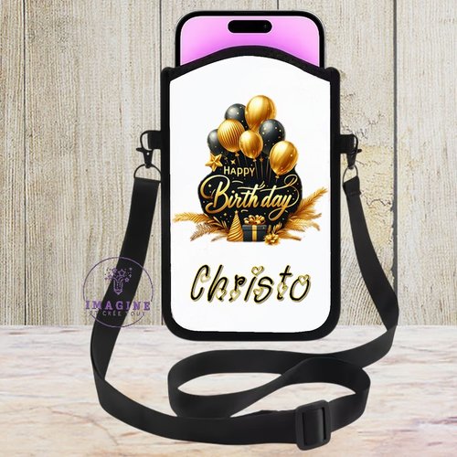 Housse sacoche téléphone portable - sublimation - impression infusible ink - happy birthday golden and black - joyeux anniversaire