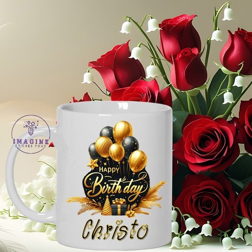 Mug - tasse - sublimation - impression infusible ink - happy birthday golden and black