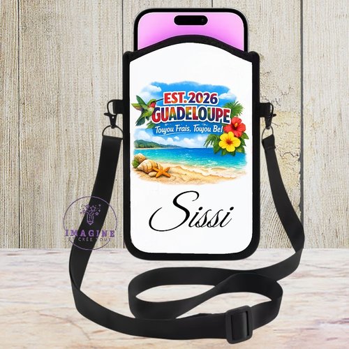 Housse sacoche téléphone portable - sublimation - impression infusible ink - guadeloupe - mot en créole - hibiscus - est.202
