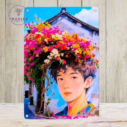 Tableau mural - sublimation - impression infusible ink - plaque aluminium - tête garçon fleurs multicolores - illustration