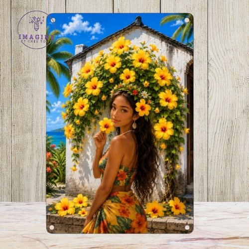 Tableau mural - sublimation - impression infusible ink - plaque aluminium - hibiscus jaunes - fille des îles