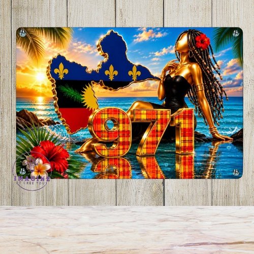 Tableau mural - sublimation -  impression infusible ink - plaque aluminium - carte guadeloupe - 971 - silhouette femme - or- collector