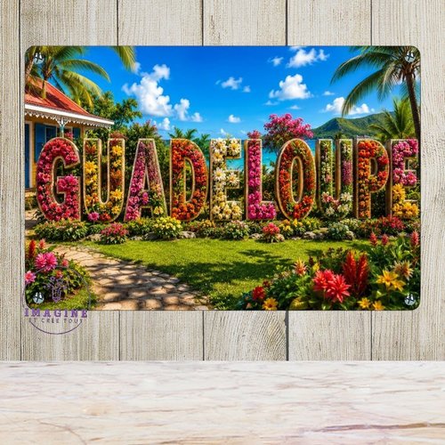 Tableau mural - sublimation -  impression infusible ink - plaque aluminium - carte guadeloupe - 971 - fleurs tropicales - or- collector