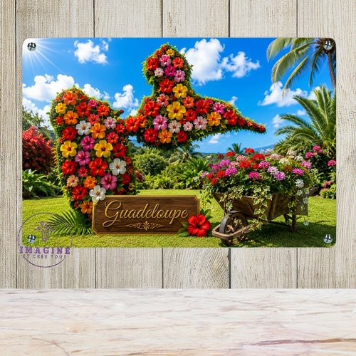 Tableau mural - sublimation -  impression infusible ink - plaque aluminium - carte guadeloupe - fleurs hibiscus