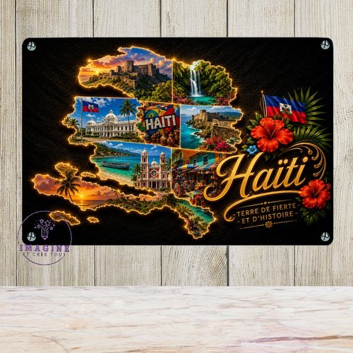 Tableau mural - sublimation -  impression infusible ink - plaque aluminium - carte haïti - néon - paysages - tropicaux