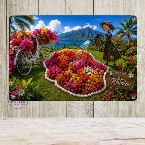 Tableau mural - sublimation -  impression infusible ink - plaque aluminium - carte île de la réunion fleurie