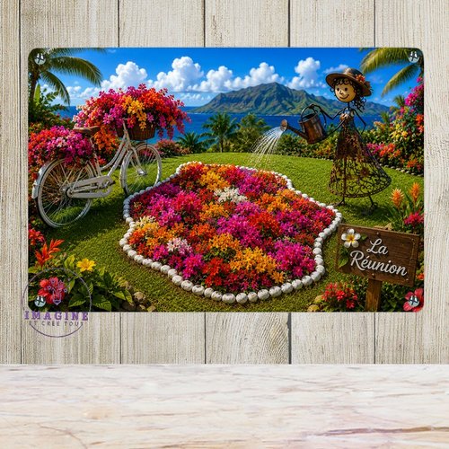Tableau mural - sublimation -  impression infusible ink - plaque aluminium - carte île de la réunion fleurie