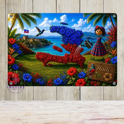 Tableau mural - sublimation -  impression infusible ink - plaque aluminium - carte haïti fleurie