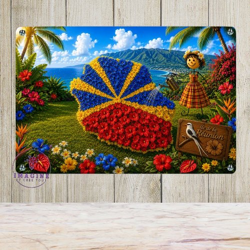 Tableau mural - sublimation -  impression infusible ink - plaque aluminium - carte île de la réunion fleurie