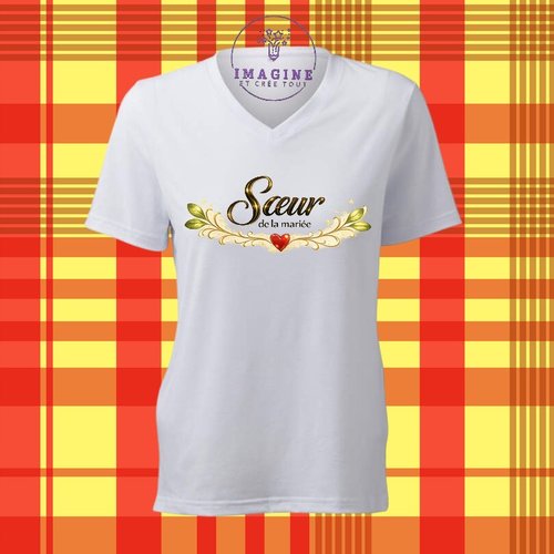 T-shirt personnalisé pour femme - col v - sublimation - impression infusible ink - sœur de la mariée