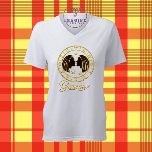 T-shirt personnalisé pour femme - col v - sublimation - impression infusible ink - signe du zodiaque - gémeaux