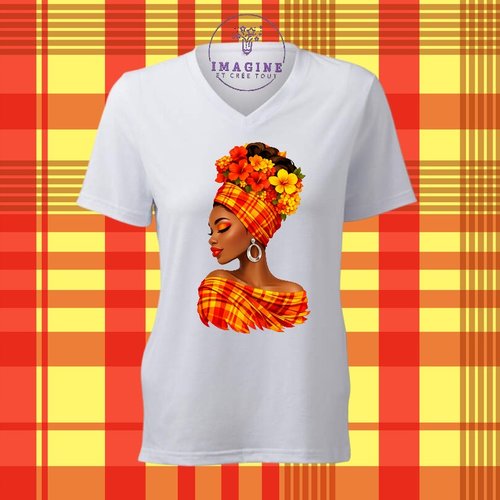 T-shirt personnalisé pour femme - col v - sublimation - impression infusible ink - silhouette - tête - fleurs - madras