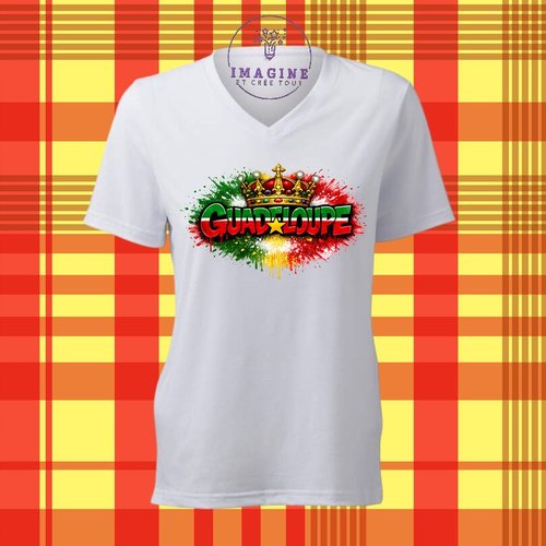 T-shirt personnalisé pour femme - col v - sublimation - impression infusible ink -guadeloupe - 971 - gwada - multicolores