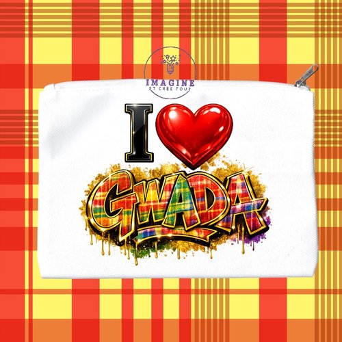 Trousse m - maquillage - sublimation - impression infusible ink - i love gwada - cœur - madras
