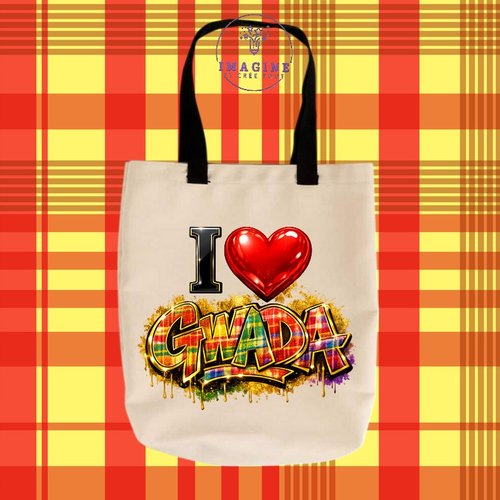 Tote bag taille m - sublimation -  impression infusible ink - ink - i love gwada - cœur - madras