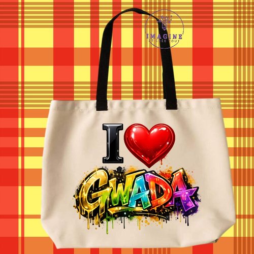 Tote bag taille l - sublimation - impression infusible ink -  i love gwada - cœur - graffitis