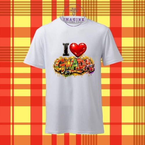 T-shirt personnalisé pour homme - ras du cou - sublimation - impression infusible ink - i love gwada - cœur - madras