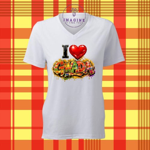 T-shirt personnalisé pour femme - col v - sublimation - impression infusible ink - i love gwada - cœur - madras