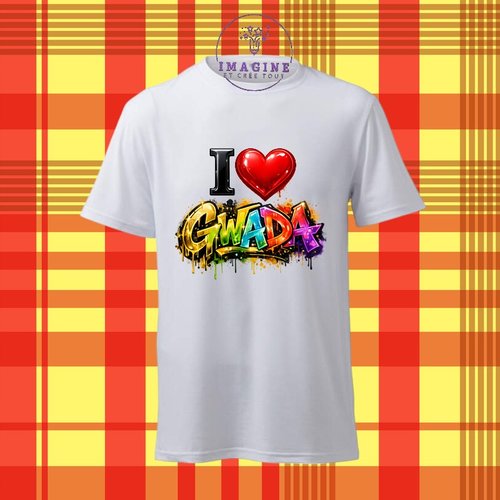 T-shirt personnalisé pour homme - ras du cou - sublimation - impression infusible ink -  i love gwada - cœur - graffitis