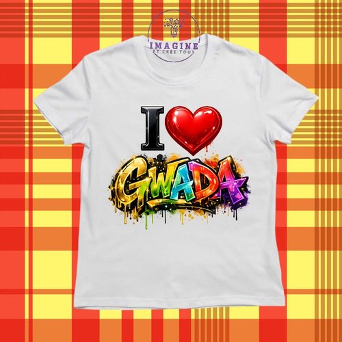 T-shirt personnalisé pour jeunes - col rond - sublimation -  i love gwada - cœur - graffitis