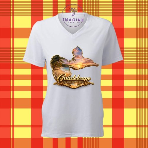 T-shirt personnalisé pour femme - col v - sublimation - impression infusible ink - carte - guadeloupe - 971 - île aux belles eaux