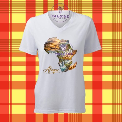 T-shirt personnalisé pour femme - col v - sublimation - impression infusible ink - afrique - continent - ethnique - baobab
