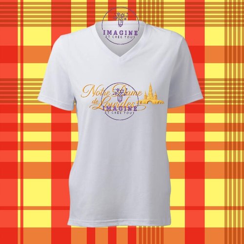 T-shirt personnalisé pour femme - col v - sublimation - impression infusible ink - vierge - lourdes - basilique - grotte - eau