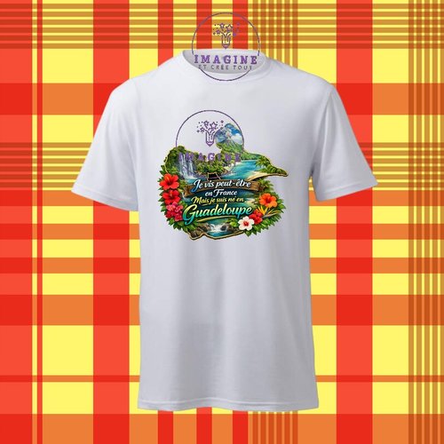 T-shirt personnalisé pour homme - ras du cou - sublimation - impression infusible ink - carte guadeloupe - paysage tropical - texte