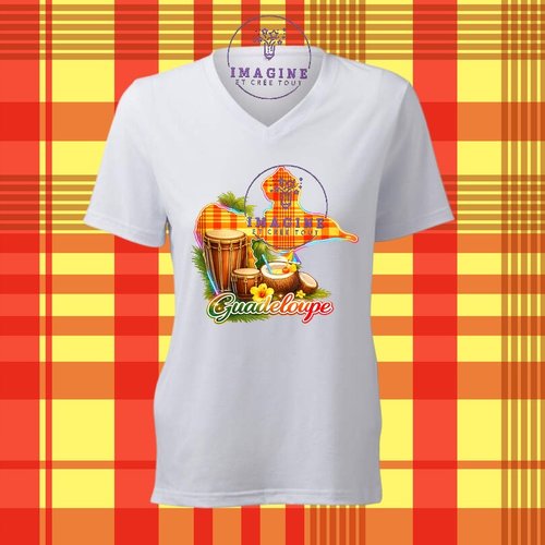 T-shirt personnalisé pour femme - col v - sublimation - impression infusible ink - carte guadeloupe - madras - noix de coco - tambour
