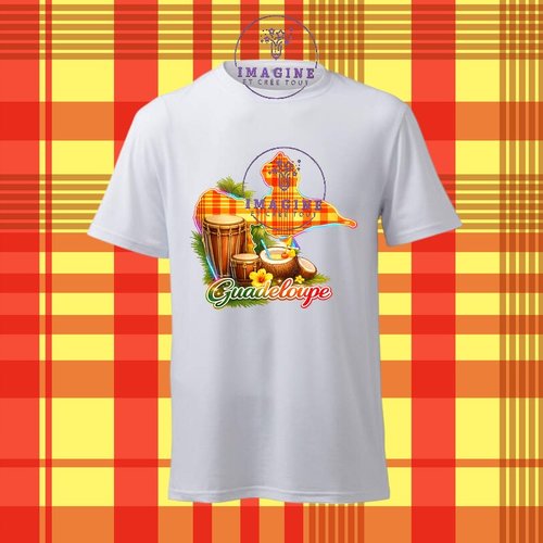 T-shirt personnalisé pour homme - ras du cou - sublimation - impression infusible ink - carte guadeloupe - madras - noix de coco - tambours