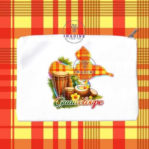 Trousse m - maquillage - sublimation - impression infusible ink -  carte guadeloupe - madras - noix de coco - tambours