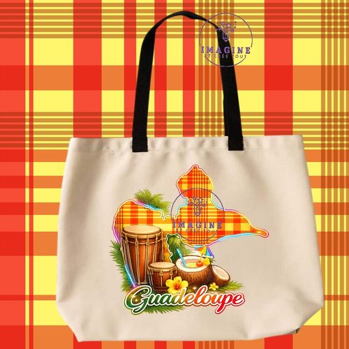 Tote bag taille l - sublimation - impression infusible ink -  carte guadeloupe - madras - noix de coco - tambours