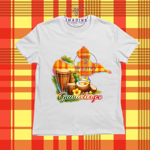 T-shirt personnalisé pour jeunes - col rond - sublimation -  carte guadeloupe - madras - noix de coco - tambours