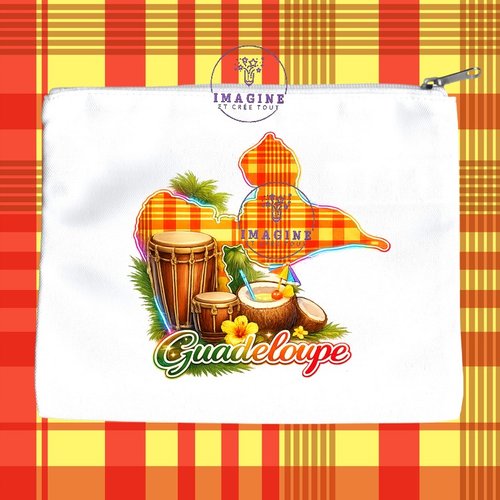 Trousse l - maquillage - sublimation - impression infusible ink -  carte guadeloupe - madras - noix de coco - tambours