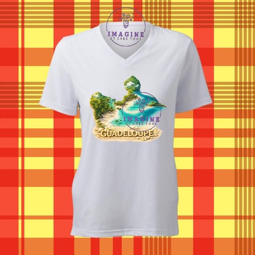 T-shirt personnalisé pour femme - col v - sublimation - impression infusible ink -  plage tropicale - sable