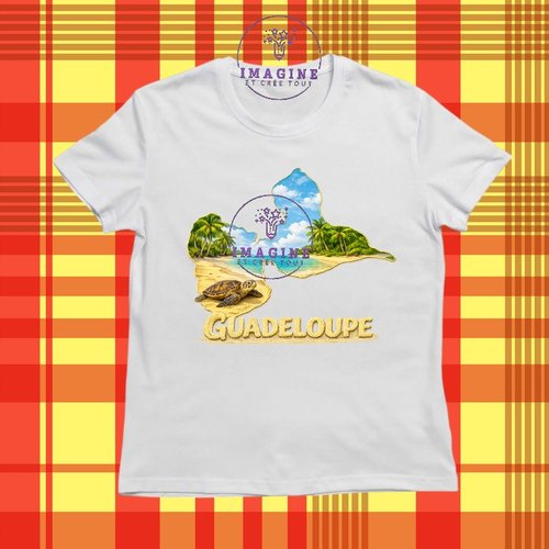 T-shirt personnalisé pour jeunes - col rond - sublimation -  carte guadeloupe - plage  - sable - tortue
