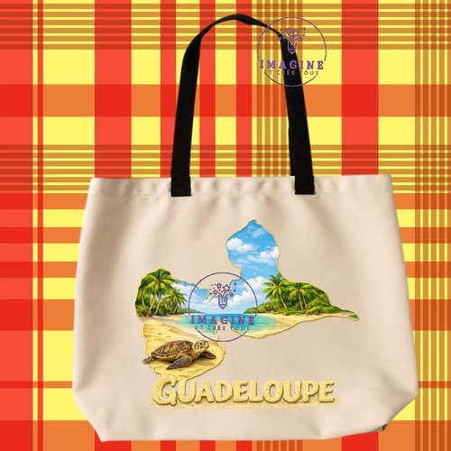 Tote bag taille l - sublimation - impression infusible ink - carte guadeloupe - plage - sable - tortue