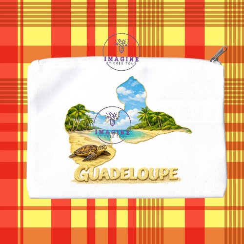 Trousse m - maquillage - sublimation - impression infusible ink - carte guadeloupe - plage - sable - tortue